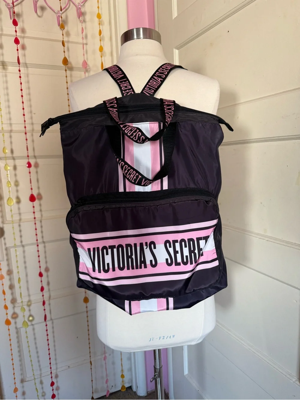 Victoria’s Secret 2019 Black Pink Stripe Logo Backpack Travel Bag